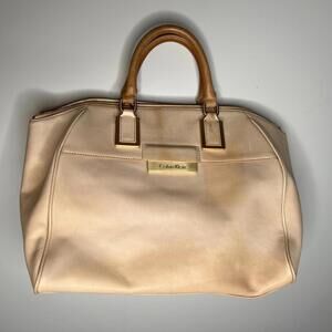Calvin Klein Beige Leather Satchel Tote Bag Gold Hardware Structured Large Purse